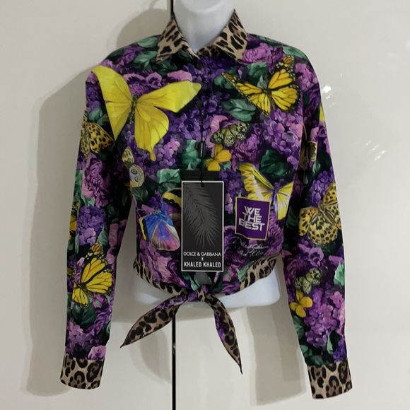 Dolce & Gabbana x Khaled Short poplin shirt butterfly print knot detail - Picture 7 of 15